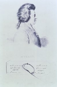 Portrait de Wolfgang Amadeus Mozart (1756-91) avec une mèche de ses cheveux attachée en dessous - Austrian School